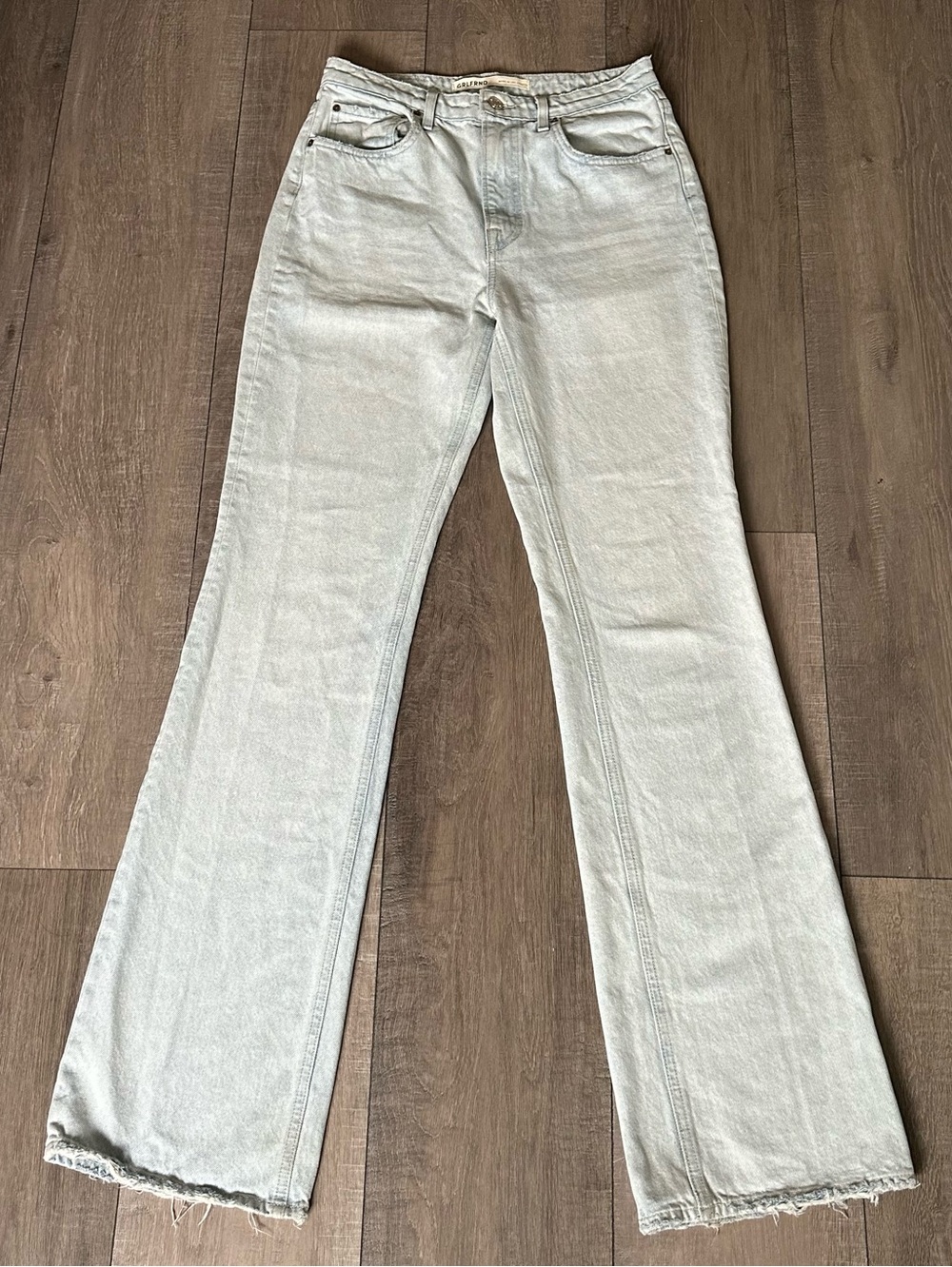 GRLFRND Melanie Flare Jeans 27 High Rise Light Wash Raw Hem 35" Inseam